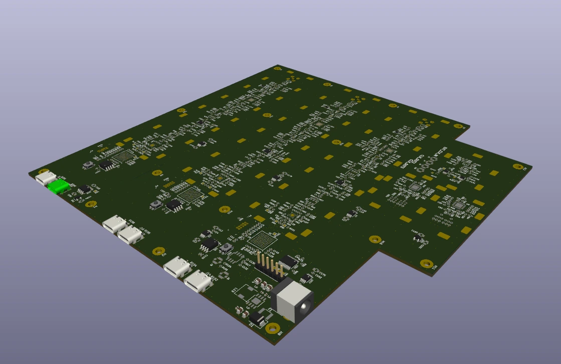 3D render of the DAQ Array board: three identical channel strips, edge connectors and the power terminal block.
