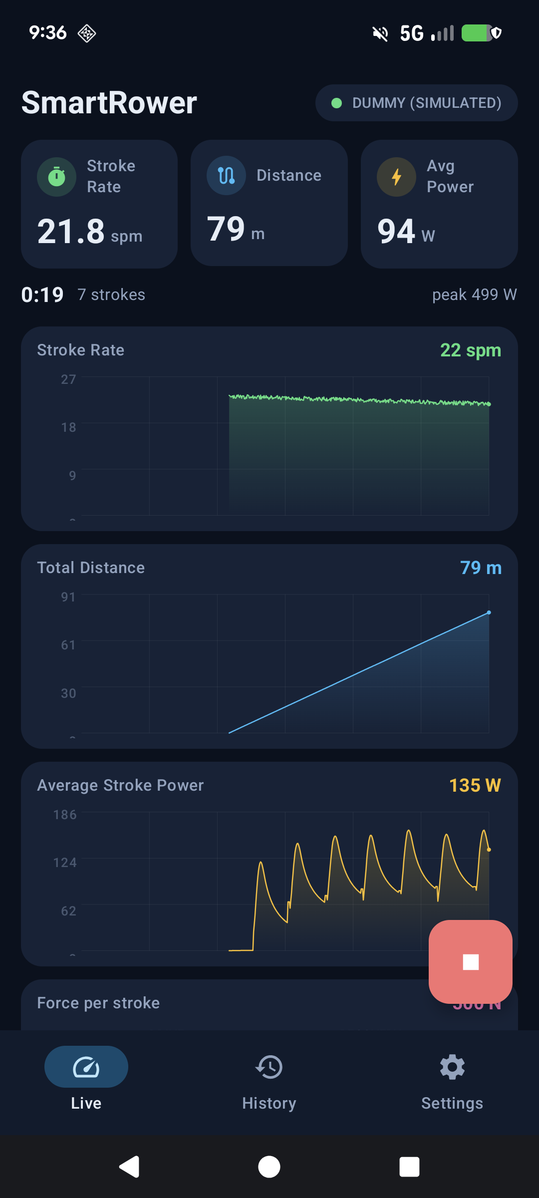 SmartRower live metrics with stroke rate, distance, and power plots