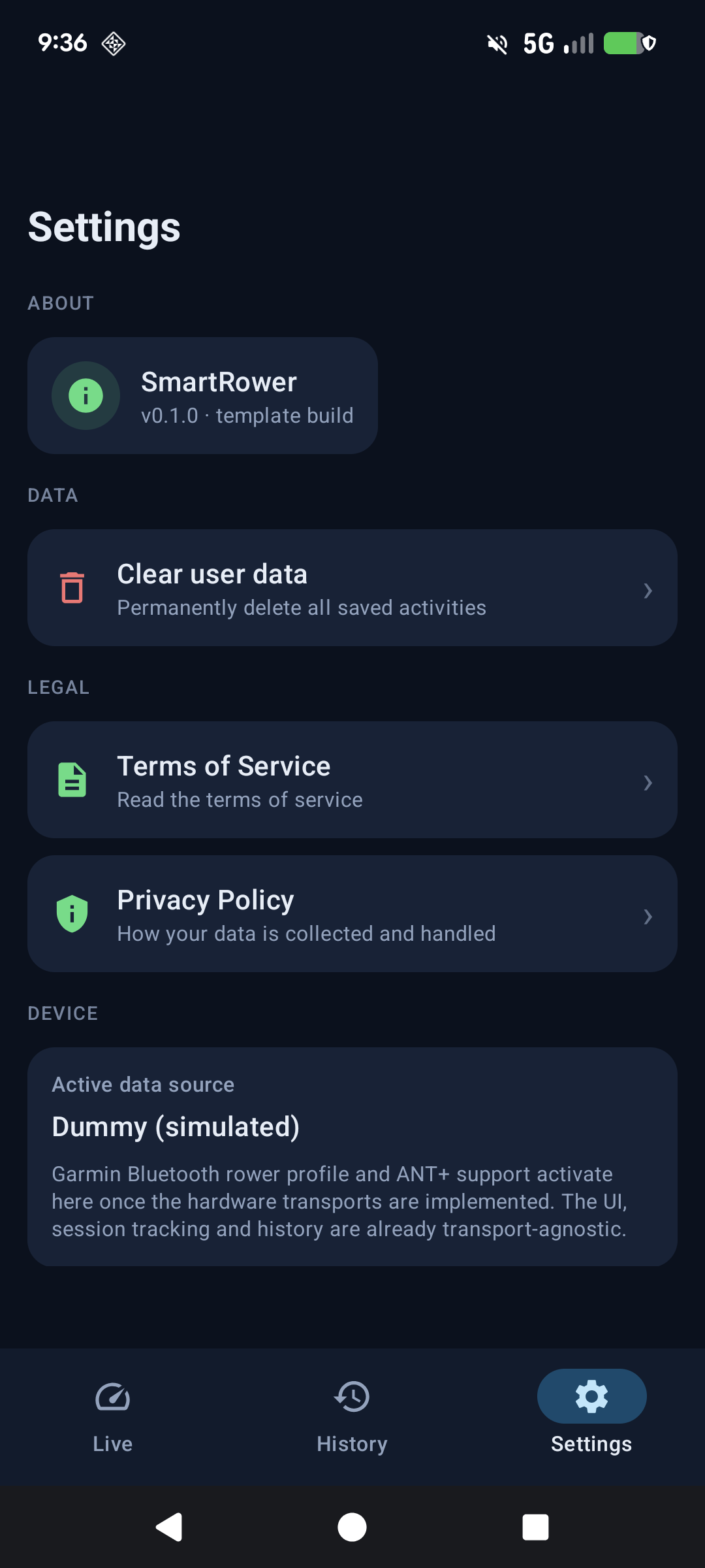 SmartRower settings page
